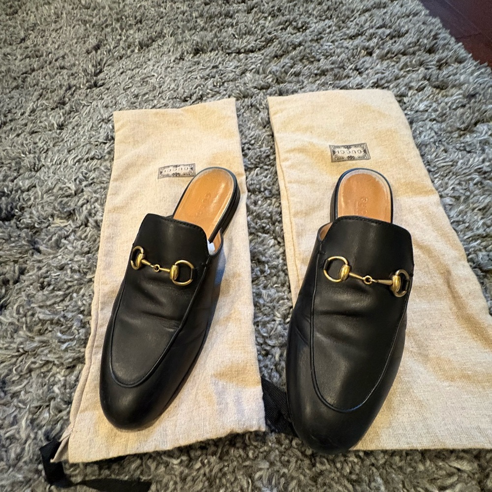 Gucci Black and Gold Mules with Signature Horsebit